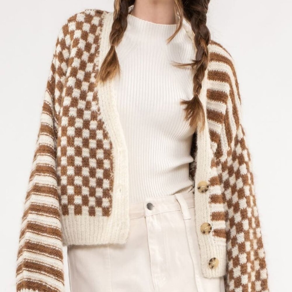 NWT Blu Pepper (Versona) Checkered / Striped Cardigan, Cream & Brown | Size M